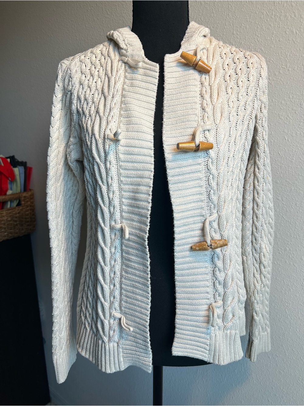 Lauren Ralph Lauren Ivory Cable Knit Toggle HoodedCardigan Sweater